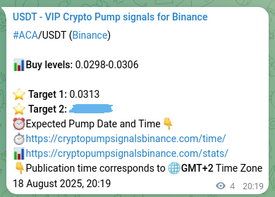 Binance pump signal verification for ACA at 18 August 2025, 20:26