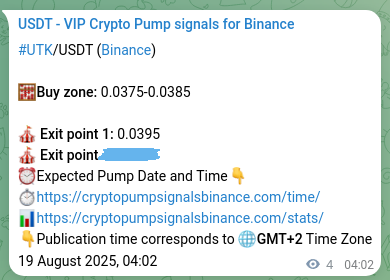 Crypto pump signal proof: UTK on Binance, 19 August 2025, 04:08