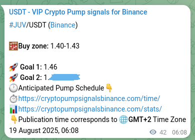 Trading signal proof: JUV pump from Binance, 19 August 2025, 07:19