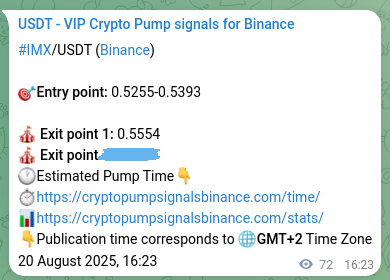 Crypto signal proof: IMX pump on Binance, 20 August 2025, 18:21