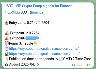 Real-time proof of KERNEL pump signal on Binance, 22 August 2025, 07:38
