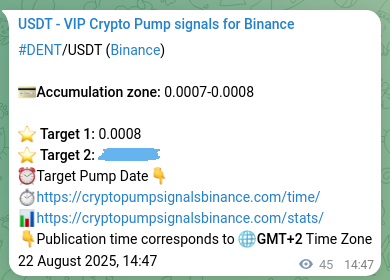 Authenticated proof of DENT's pump signal on Binance, 22 August 2025, 16:03