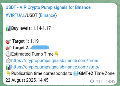 Performance validation: VIRTUAL pump signal delivery on Binance, 22 August 2025, 17:47