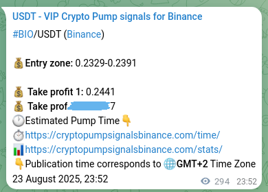 Crypto trading signal proof: BIO pump on Binance, 24 August 2025, 08:01