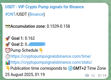 Binance pump signal proof for ONT on 25 August 2025, 01:35