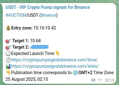 Binance pump signal data for AUCTION at 25 August 2025, 04:22
