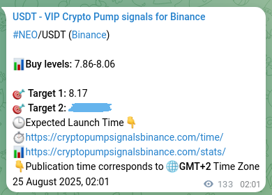 Crypto pump signal analytics for NEO on Binance, 25 August 2025, 05:43