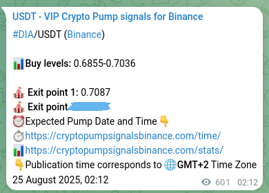 Authenticated proof of DIA's pump signal on Binance, 25 August 2025, 18:52