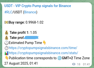Crypto pump signal proof: RLC on Binance, 27 August 2025, 02:10
