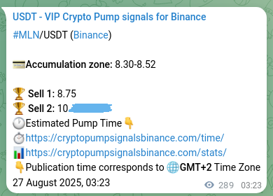 MLN pump verification image from Binance, 27 August 2025, 11:24
