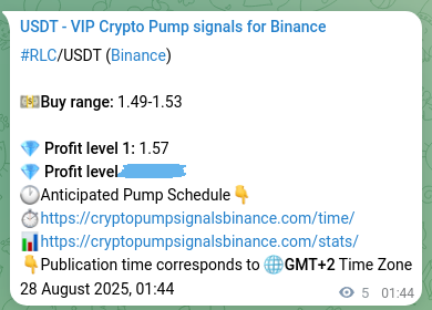 Crypto pump signal proof: RLC on Binance, 28 August 2025, 01:51