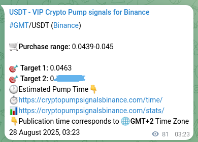 Crypto trading signal proof: GMT pump on Binance, 28 August 2025, 05:37
