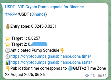 Crypto pump signal analytics for ARPA on Binance, 28 August 2025, 06:58