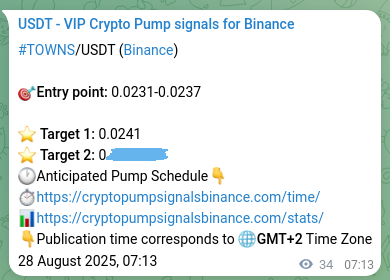 Market signal proof: TOWNS pump from Binance, 28 August 2025, 08:00