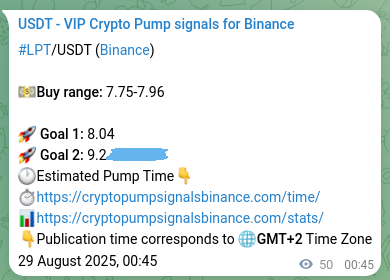 Authenticated proof of LPT's pump signal on Binance at 29 August 2025, 02:08