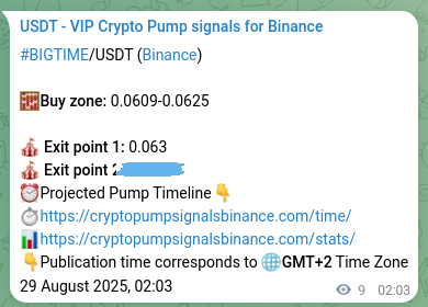 Crypto pump signal proof: BIGTIME on Binance, 29 August 2025, 02:16