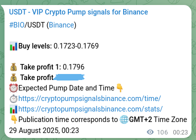 Trading signal proof: BIO pump from Binance, 29 August 2025, 03:19
