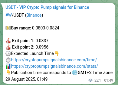 Crypto trading signal proof: W pump on Binance, 29 August 2025, 07:56