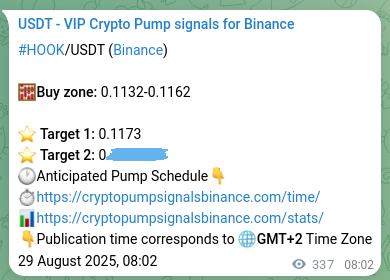 Crypto signal proof: HOOK pump on Binance, 29 August 2025, 17:24