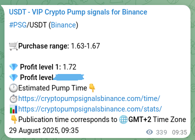 Crypto trading signal verification: PSG pump on Binance, 29 August 2025, 18:58