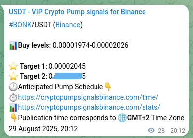 Live proof of BONK pump signal on Binance, 29 August 2025, 20:59