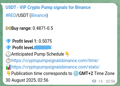 Crypto pump signal proof: RED on Binance, 30 August 2025, 03:18