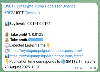Binance pump signal data for REZ at 30 August 2025, 07:33
