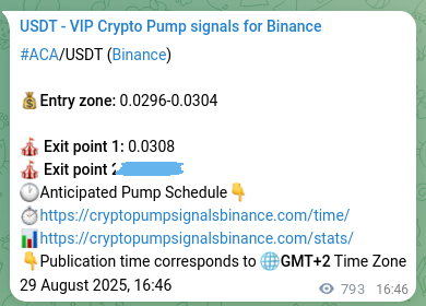 ACA pump verification image from Binance, 30 August 2025, 14:46