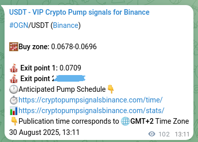 Authenticated proof of OGN's pump signal on Binance, 30 August 2025, 16:02