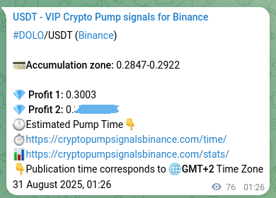 Trading signal proof: DOLO pump from Binance, 31 August 2025, 03:32
