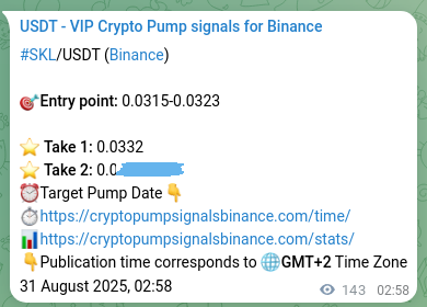 Crypto pump signal analytics for SKL on Binance, 31 August 2025, 06:54