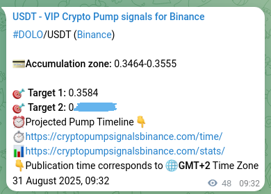 Crypto signal proof: DOLO pump on Binance, 31 August 2025, 10:44