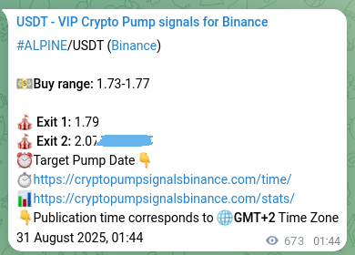 Signal proof for ALPINE pump on Binance at 31 August 2025, 20:26