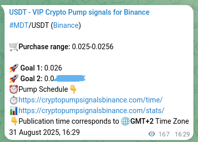 Authenticated proof of MDT's pump signal on Binance, 31 August 2025, 21:06