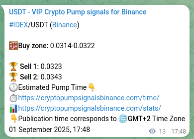 Binance pump signal data for IDEX at 01 September 2025, 18:09