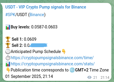 Crypto trading signal proof: SPK pump on Binance, 01 September 2025, 21:46