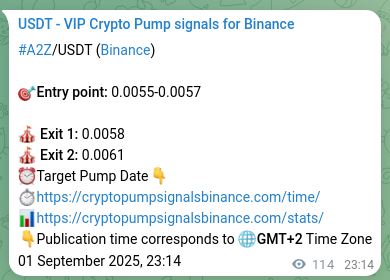 Binance trading signal proof for A2Z pump, 02 September 2025, 02:19