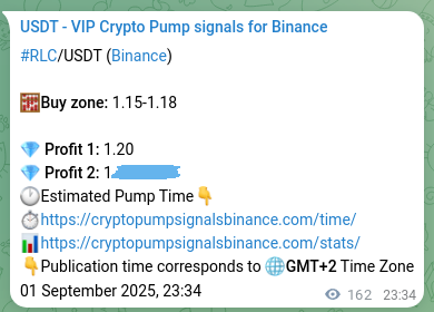 Binance pump signal data for RLC at 02 September 2025, 04:04