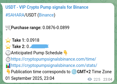 Crypto pump signal analytics for SAHARA on Binance, 02 September 2025, 05:15