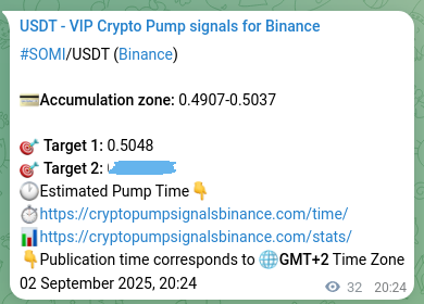Trading signal verification: SOMI pump from Binance, 02 September 2025, 21:15