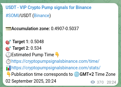 Trading signal proof: SOMI pump from Binance, 03 September 2025, 06:39