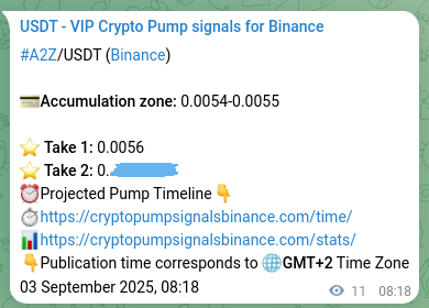Binance pump signal data for A2Z at 03 September 2025, 08:27