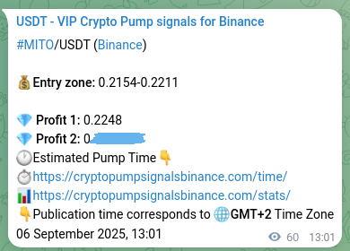 Real-time proof of MITO pump signal on Binance, 06 September 2025, 14:39