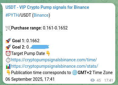 Binance signal verification for PYTH pump, 06 September 2025, 18:55
