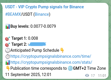 Binance pump signal proof for BEAMX on 11 September 2025, 12:21