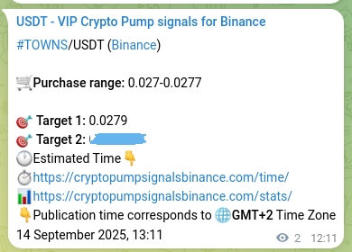 Proof of TOWNS pump signal on Binance at 15 September 2025, 13:09