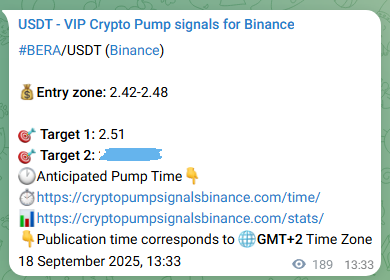 Trading signal proof: BERA pump from Binance, 18 September 2025, 18:52