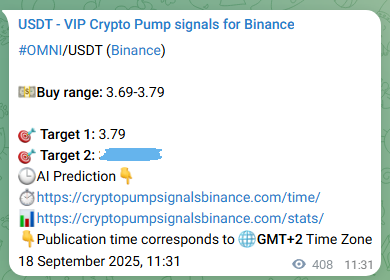 Crypto trading signal proof: OMNI pump on Binance, 18 September 2025, 22:53