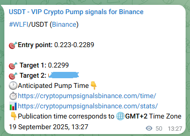 Crypto pump signal proof: WLFI on Binance, 19 September 2025, 14:49