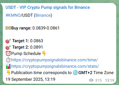 Trading signal proof: KMNO pump from Binance, 19 September 2025, 22:04